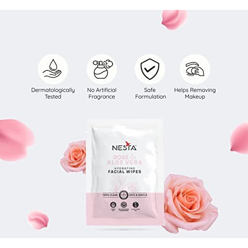Nesta Essential Face Wipes Individually Wrapped Sachet | 10-In-1 Pack | Ph Balanced | Free From Alcohol, Paraben, Silicon | Nourishing Rose Set Of 6 (10 X 6 Pouch 60 Wipes)