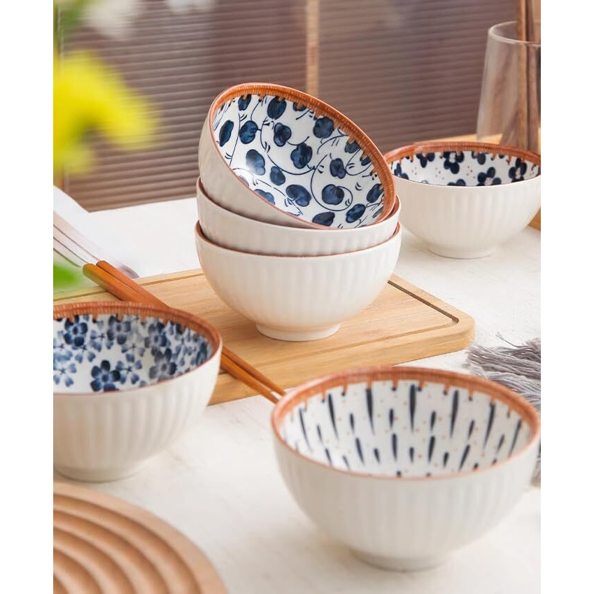 Agabani Japanese Asian Cuisine Dinner Set, Bowls Serving For Pasta, Salad, Noodle, Dessert, Oatmeal, Rice, Snack, Soup White And Blue Porcelain Bowls For Kitchen, Dinner Bowl Set Of 6(2Plate+4Bowl)