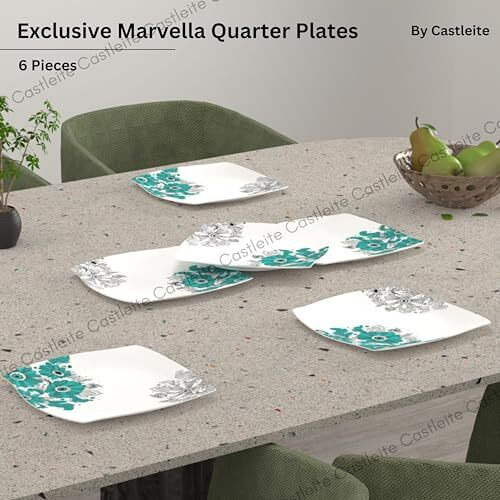 Castleite Marvella Melamine Quarter Plates Set Of 6 For Serving - Size - 8', Edgy Square, Unique Design, Break Resistant For Home, Kitchen, Restaurant, Party - Dishwasher Safe (Lazuli Dream)