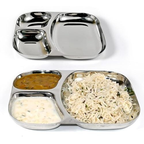 Rudraeco Mahipal Stainless Steel Mirror Finish Divided Plates - Set Of 2 | 3-Compartment Thali For Idli Sambar, Pav Bhaji | Breakfast, Lunch, And Dinner | 3 In 1 Sectioned Mess Trays