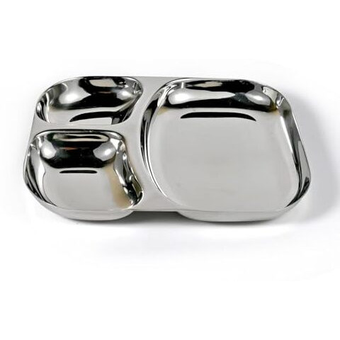 Rudraeco Mahipal Stainless Steel Mirror Finish Divided Plates - Set Of 2 | 3-Compartment Thali For Idli Sambar, Pav Bhaji | Breakfast, Lunch, And Dinner | 3 In 1 Sectioned Mess Trays