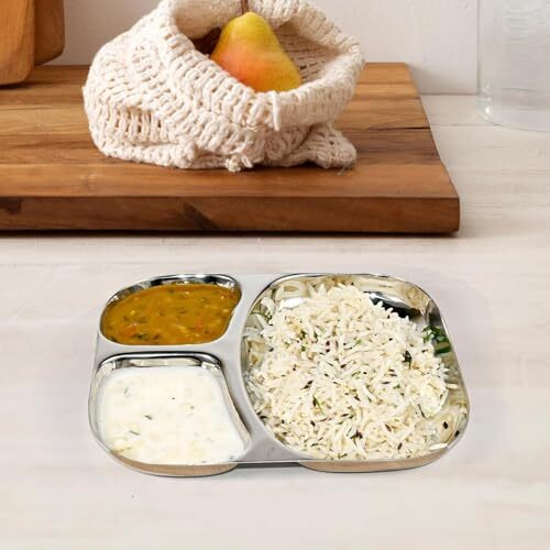 Rudraeco Mahipal Stainless Steel Mirror Finish Divided Plates - Set Of 2 | 3-Compartment Thali For Idli Sambar, Pav Bhaji | Breakfast, Lunch, And Dinner | 3 In 1 Sectioned Mess Trays