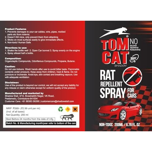 Shadow Securitronics Tom Cat No Entry Rat Rodent Repellent Spray For Cars | Eco Friendly Insect Repellent Spray For Mice & Rats | Multipurpose Repellent Spray | 3 Month Protection From Rat.