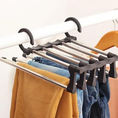 Zureni 5 In 1 Foldable Hanger Wardrobe Magic Storage Organizer For Multi-Layer Multi Purpose Cloth Pant Hanging With 10 Rod (Random, Pack Of 1, Pvc)
