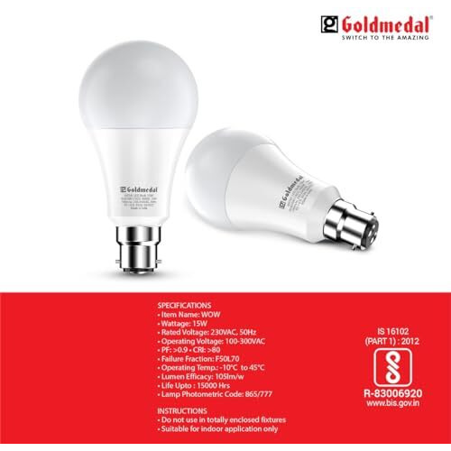 Goldmedal Wow 15W B22 Base Led Bulb - Cool Daylight (6500K) | Energy Efficient | 230 Degree Light Coverage | Surge Protection Up To 4Kv | Rated Life 15000 Hrs | For Home & Office |Pack Of 4