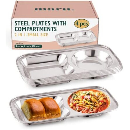 Maru Small Stainless Steel Snacks Plate With Compartments Set Of 4-2 In 1 Divided Rectangle Thali For Breakfast, Snacks & Small Meals For Everyday Use, Designed For Portion Control & Easy Serving