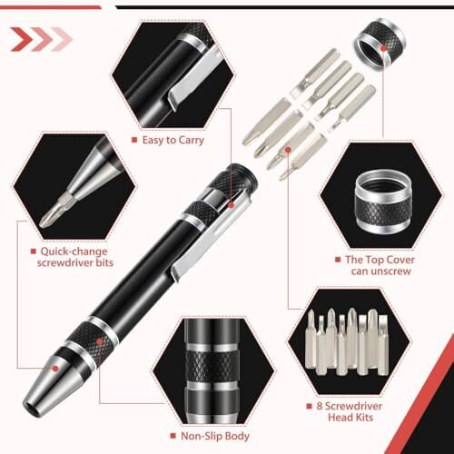 Screwdriver Set,8 In 1 Precision Screw Driver Tool Set Kit,Aluminum Alloy Pen Screwdriver,Multifunctional Screwdriver Sets,Electronics Repair Opening Tools(Black)