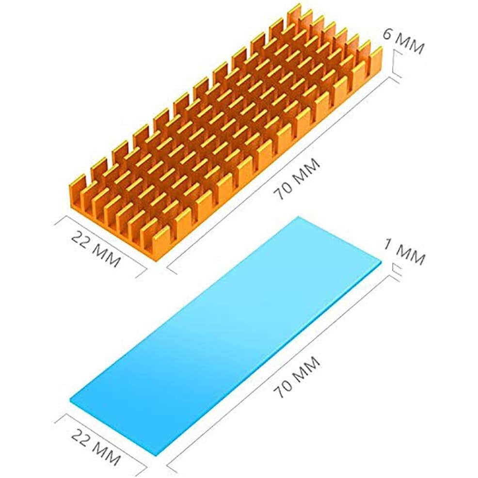 Tobo M.2 Ssd Heatsink With Thermal Conductive Adhesive Film Anti Thermal Board Heatsink Cpu Ic Chip Circuit Board For Led Amplifier Aluminum 70Mm  22Mm  6Mm Td-1037Pc (Pack Of 2, Golden)