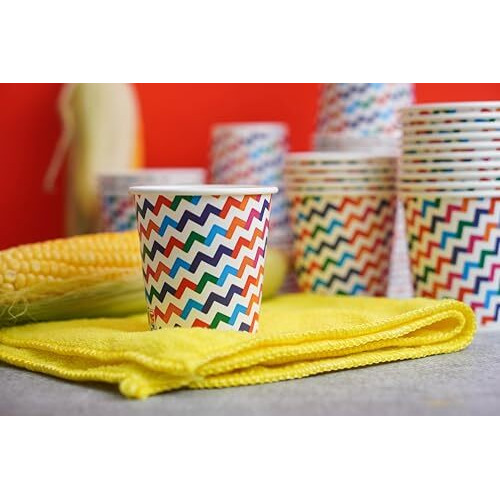 Paricott 200Ml Zigzag Printed Cup|Eco-Friendly Disposable Glasses Drinking Cups|Cocktail Cold Drink Juice Water Party Paper Cups For Hot & Cold Beverages, Pack Of 100Pcs