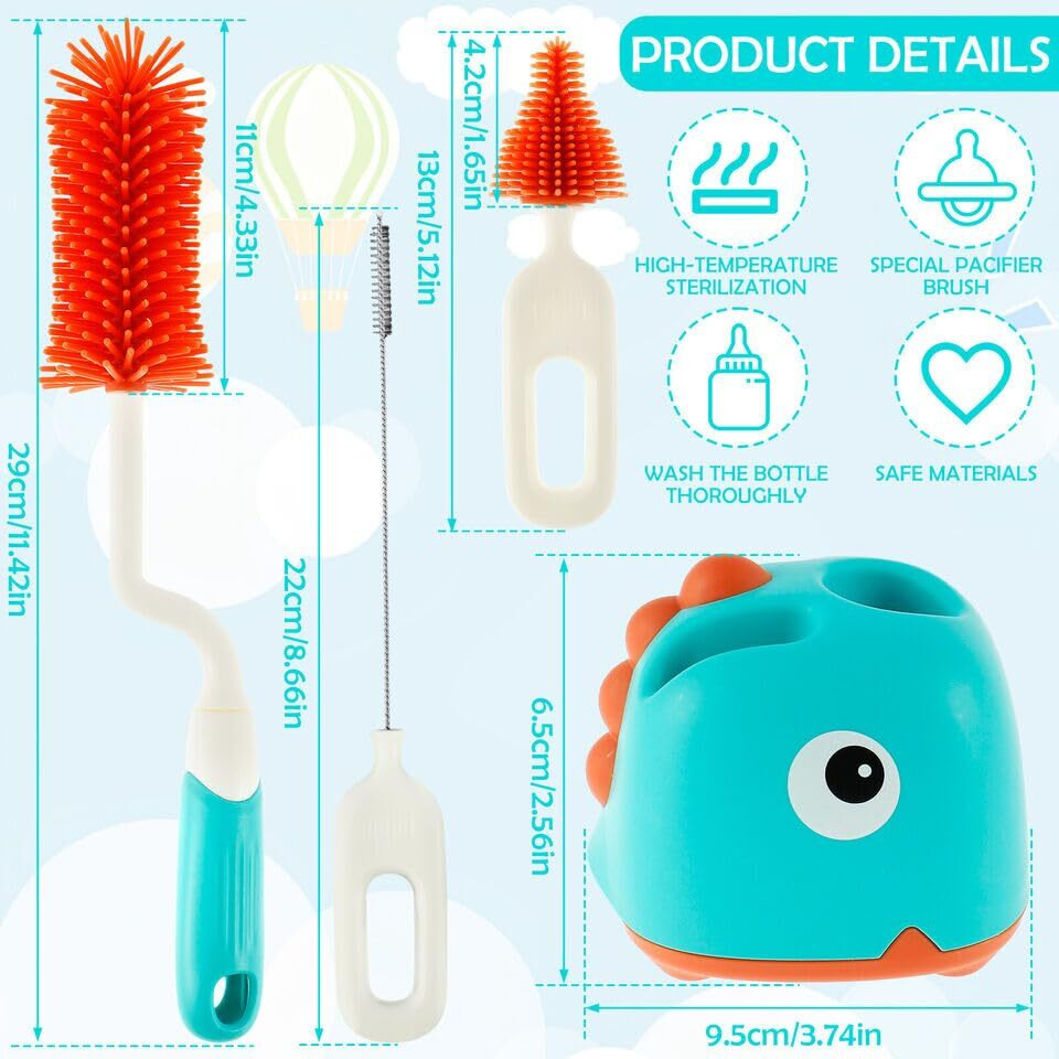 Dodge 'N Wolves Non-Toxic Anti Scratchable 4 In 1 Baby Bottle Cleaning Brushes Set For Baby Milk Bottle Nipple Straw,Silicone Bristle Bottle Cleaner Brush For 360 Movable Cleaning Brush (Multicolour)
