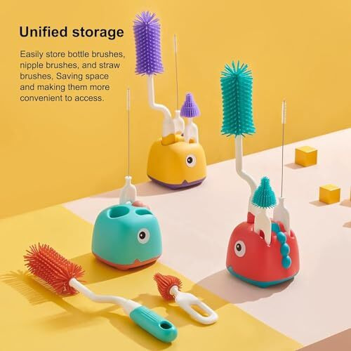Dodge 'N Wolves Non-Toxic Anti Scratchable 4 In 1 Baby Bottle Cleaning Brushes Set For Baby Milk Bottle Nipple Straw,Silicone Bristle Bottle Cleaner Brush For 360 Movable Cleaning Brush (Multicolour)