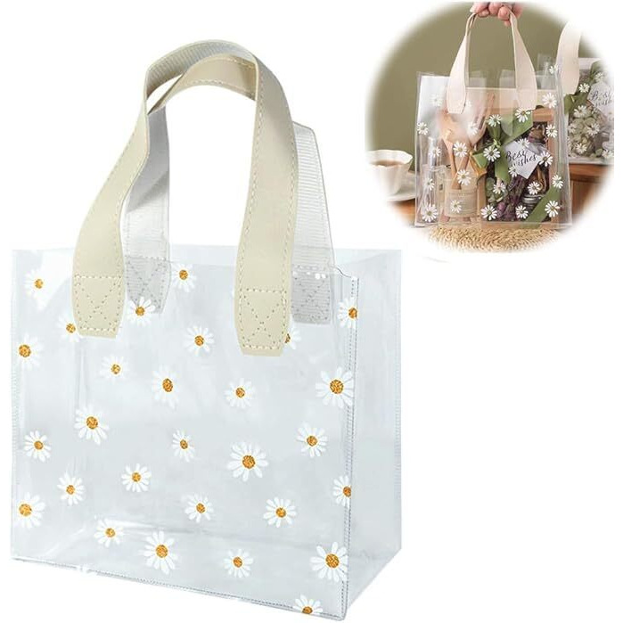 Aiver Clear Small Gift Bags With White Handles Daisy Clear Plastic Gift Wrap Bag Reusable Transparent Pvc Tote Bag Valentine's Day Wedding Shopping Baby Shower Birthday 1-Count White
