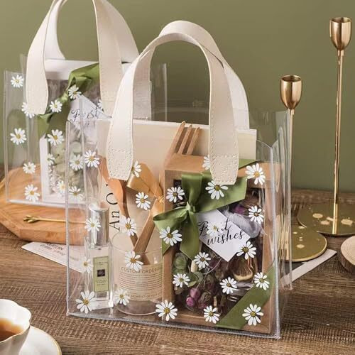 Aiver Clear Small Gift Bags With White Handles Daisy Clear Plastic Gift Wrap Bag Reusable Transparent Pvc Tote Bag Valentine's Day Wedding Shopping Baby Shower Birthday 1-Count White