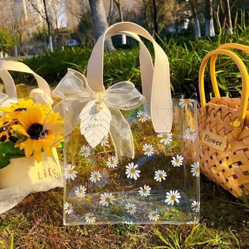 Aiver Clear Small Gift Bags With White Handles Daisy Clear Plastic Gift Wrap Bag Reusable Transparent Pvc Tote Bag Valentine's Day Wedding Shopping Baby Shower Birthday 1-Count White