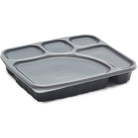 Adaamya- 5 Compartment 25 Sets - Microwave Dish Wash Safe Meal Tray With Lid Cover Set Of 25Pc Plates For Dinner Lunch Unbreakable Bpa Free Food Grade Plastic Black (5 Compartment)