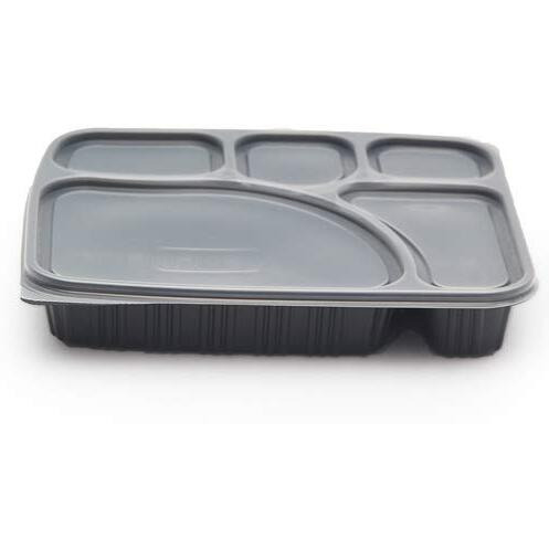 Adaamya- 5 Compartment 25 Sets - Microwave Dish Wash Safe Meal Tray With Lid Cover Set Of 25Pc Plates For Dinner Lunch Unbreakable Bpa Free Food Grade Plastic Black (5 Compartment)