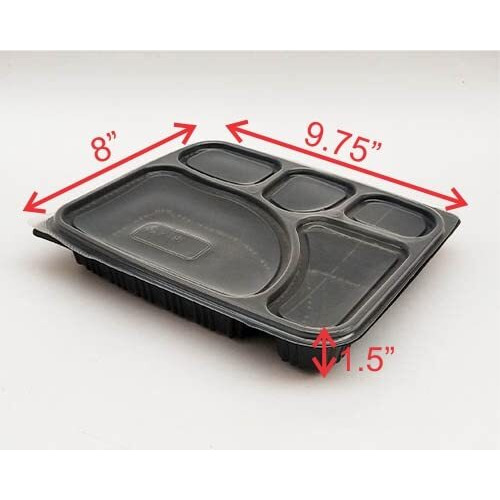 Adaamya- 5 Compartment 25 Sets - Microwave Dish Wash Safe Meal Tray With Lid Cover Set Of 25Pc Plates For Dinner Lunch Unbreakable Bpa Free Food Grade Plastic Black (5 Compartment)