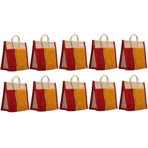Soman Jute Thamboolam Bags For Return Gifts Golden Yellow And Red Combo - Set Of 10