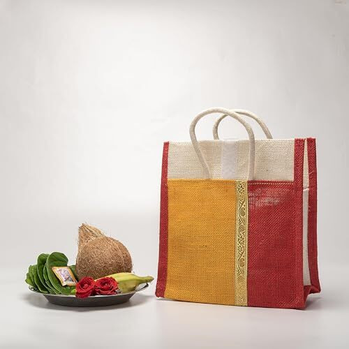 Soman Jute Thamboolam Bags For Return Gifts Golden Yellow And Red Combo - Set Of 10
