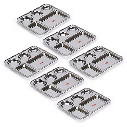 Sumeet Stainless Steel Rectangular 5 In 1 Compartment Lunch/Dinner Plate Set Of 6Pcs, 37.4Cm Dia, Silver