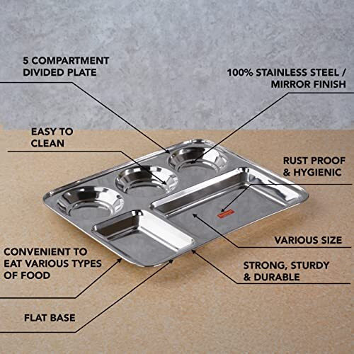 Sumeet Stainless Steel Rectangular 5 In 1 Compartment Lunch/Dinner Plate Set Of 6Pcs, 37.4Cm Dia, Silver