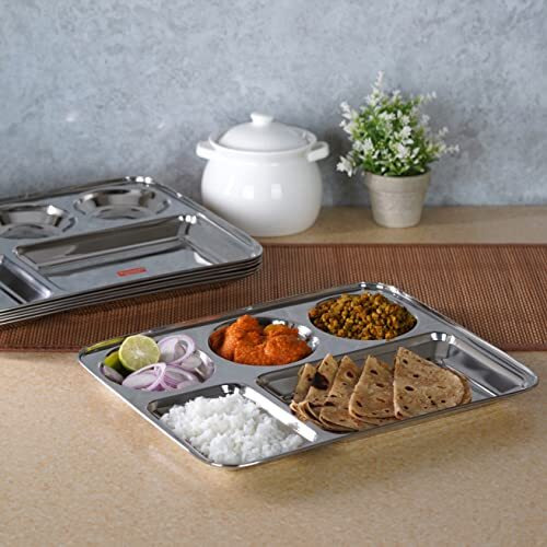 Sumeet Stainless Steel Rectangular 5 In 1 Compartment Lunch/Dinner Plate Set Of 6Pcs, 37.4Cm Dia, Silver