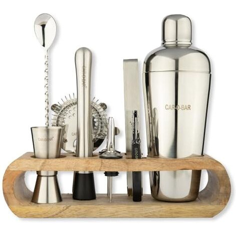 Car-O-Bar Steel Bar Kit Without Stand | Bar Set For Home - 9 Piece Bartender Kit  Shaker,Bar Spoon, Jigger, Muddler, Strainer, Wine & Beer Bottle Opener, 2 Pour Spouts, Tongs (9)