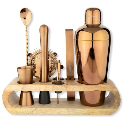 Car-O-Bar Copper Gold Bar Kit | Bar Set For Home - 10 Piece Bartender Kit Cocktail Shaker, Bar Spoon, Jigger, Muddler, Strainer, Wine & Beer Bottle Opener, 2 Pour Spouts, Tong & Wooden Stand