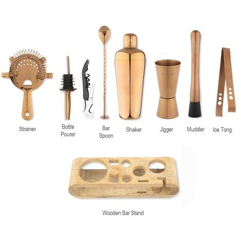 Car-O-Bar Copper Gold Bar Kit | Bar Set For Home - 10 Piece Bartender Kit Cocktail Shaker, Bar Spoon, Jigger, Muddler, Strainer, Wine & Beer Bottle Opener, 2 Pour Spouts, Tong & Wooden Stand