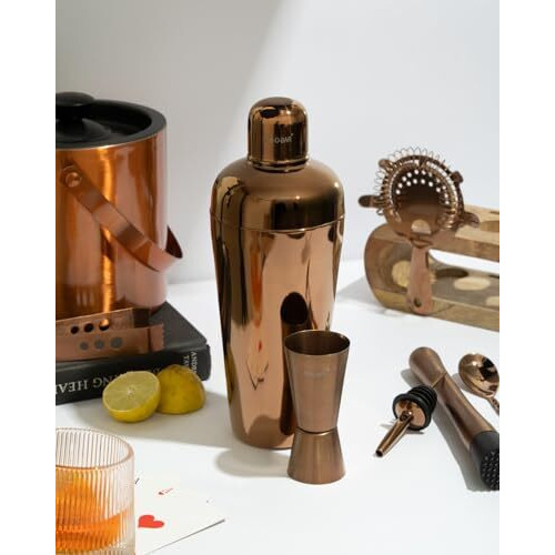 Car-O-Bar Copper Gold Bar Kit | Bar Set For Home - 10 Piece Bartender Kit Cocktail Shaker, Bar Spoon, Jigger, Muddler, Strainer, Wine & Beer Bottle Opener, 2 Pour Spouts, Tong & Wooden Stand