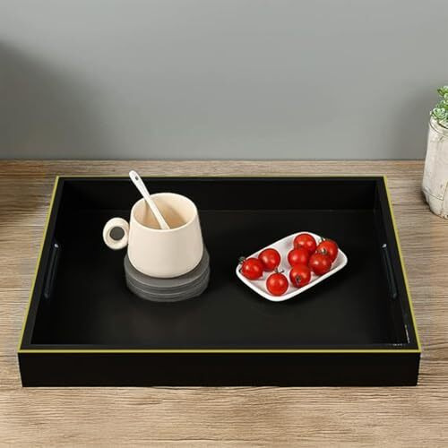 Craftslane Handmade Wooden Serving Tray | Fancy Serving Tray For Snacks, Tea, Kitchen, Coffee Table, Dining | Serving Tray With Handle | Wedding Trousseau | Solid Charcoal Black 31 X 19.7 X 3.8 Cm