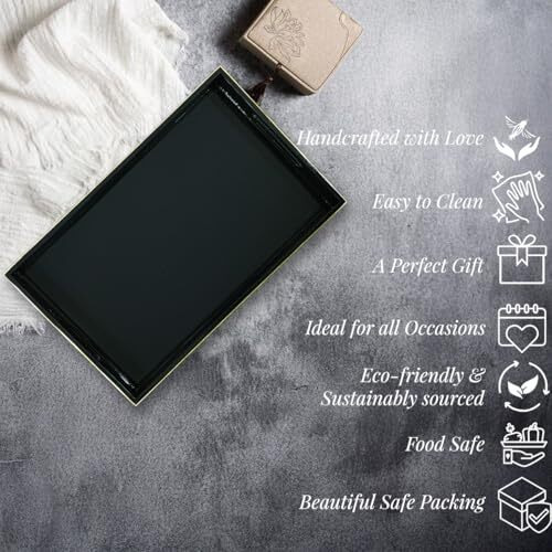 Craftslane Handmade Wooden Serving Tray | Fancy Serving Tray For Snacks, Tea, Kitchen, Coffee Table, Dining | Serving Tray With Handle | Wedding Trousseau | Solid Charcoal Black 31 X 19.7 X 3.8 Cm