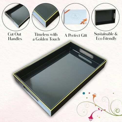 Craftslane Handmade Wooden Serving Tray | Fancy Serving Tray For Snacks, Tea, Kitchen, Coffee Table, Dining | Serving Tray With Handle | Wedding Trousseau | Solid Charcoal Black 31 X 19.7 X 3.8 Cm