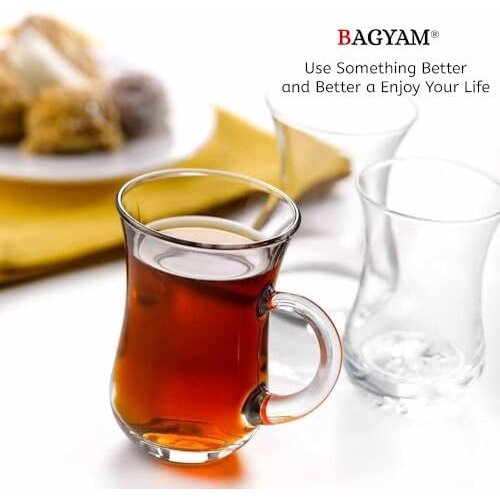 Bagyam - Glass Tea Cups Set Of 6 Pieces - Transparent Glass Tea & Coffee Cups Set - Hot & Cold Drinks Safe (Turkish (150 Ml))