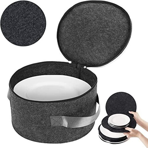Greensheep Plate Storage Case With 12 Thick Felt Dividers For Storing And Organizing Dinnerware Dishes, Dark Grey