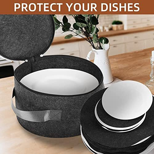 Greensheep Plate Storage Case With 12 Thick Felt Dividers For Storing And Organizing Dinnerware Dishes, Dark Grey