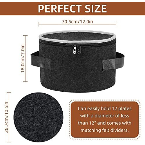 Greensheep Plate Storage Case With 12 Thick Felt Dividers For Storing And Organizing Dinnerware Dishes, Dark Grey