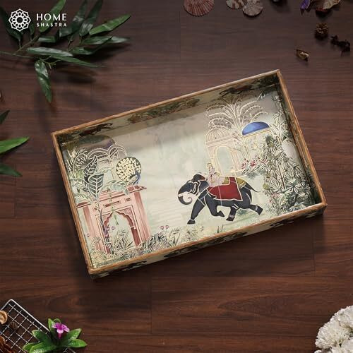 Homeshastra Wooden Serving Tray With Gold Engraving | Set Of 1 | Size  16X10 Inch Enamel Coated Waterproof | Rectangular| Decorative Trays (Large Royal Elephant)