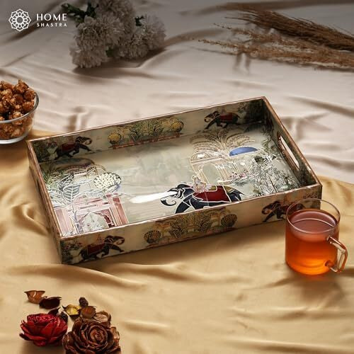 Homeshastra Wooden Serving Tray With Gold Engraving | Set Of 1 | Size  16X10 Inch Enamel Coated Waterproof | Rectangular| Decorative Trays (Large Royal Elephant)