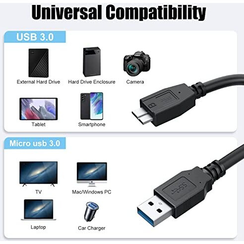 Fedus Usb 3.0 A To Micro B Superspeed Cable For External & Desktop Hard Disk Drives Cable Compatiable For Wd/Seagate/Toshiba//Hitachi External Hard Drives,Black