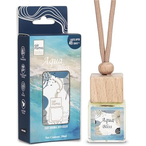 Air-Roma Aqua Bliss Car Perfume Hanging Pod 10Ml | Natural Essential Premium Fragrance Oils In Glass Bottle With Wooden Diffuser Lid | Long Lasting Car Air Freshener Scent | Lasts Up To 45 Days