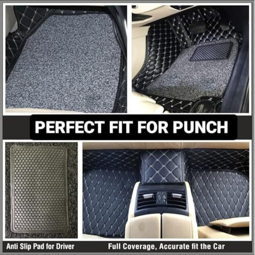 Sinex 7D Car Mat Full Set For Tata Punch (Model  2021-2025) || Luxury Leather Double Car Floor Mat Complete Set || 100% Waterproof And Washable || Color  Black