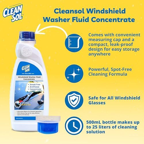 Cleansol Premium Windshield Washer Fluid Concentrate | 20Ml Makes 1L | Anti-Freeze Formula | Streak-Free Shine | Includes Measuring Cap | Safe For All Cars - 250 Ml