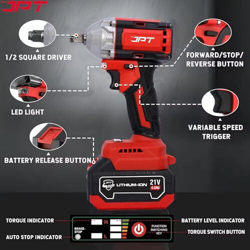 Jpt Cordless Impact Wrench 1/2 Inch, 258 Ft-Lbs (350 N.M) Torque, 4300 Rpm Brushless Electric Impact Gun With 4.0 Ah Battery, Fast Charger, And Led Light
