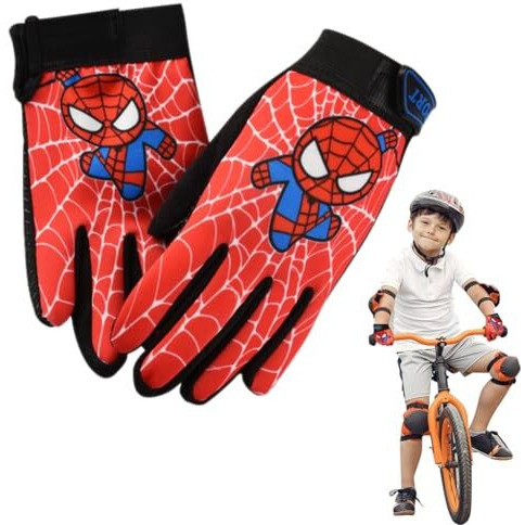 Proberos Kids Riding Gloves, Red Hero Cartoon Print Outdoor Thermal Anti-Slip Palm Design Gloves, Protective Full Finger Adjustable Wrist, Age For 2-5 Kids - S