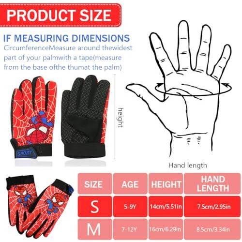 Proberos Kids Riding Gloves, Red Hero Cartoon Print Outdoor Thermal Anti-Slip Palm Design Gloves, Protective Full Finger Adjustable Wrist, Age For 2-5 Kids - S