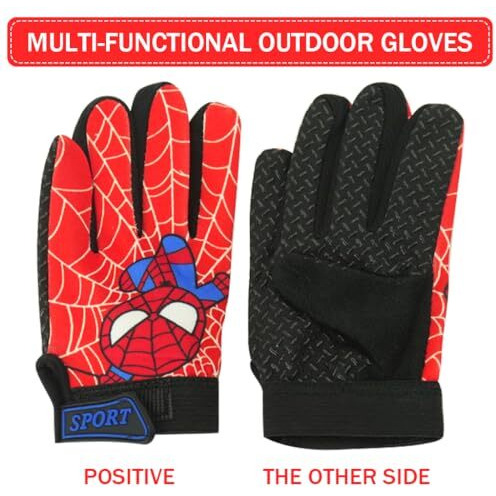 Proberos Kids Riding Gloves, Red Hero Cartoon Print Outdoor Thermal Anti-Slip Palm Design Gloves, Protective Full Finger Adjustable Wrist, Age For 2-5 Kids - S