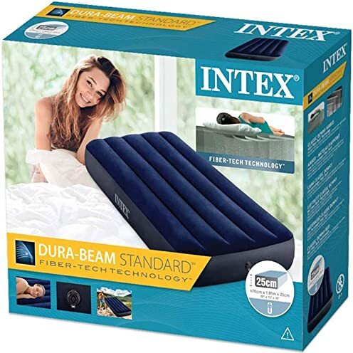 Intex Polyvinyl Chloride (Pvc) Air Lock Single Inflatable Bed (Blue) With Air Pump