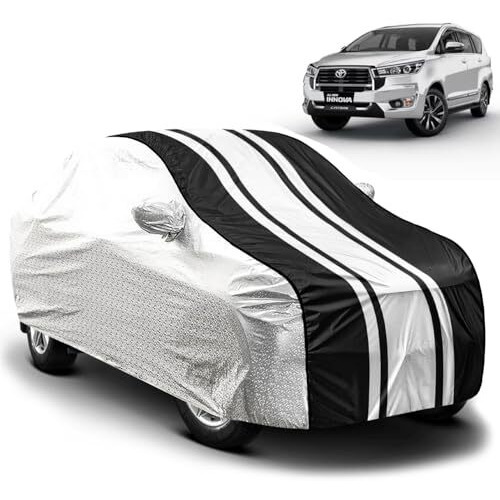 Fabtec Car Body Cover For Toyota Innnova Crysta Waterproof Uv & Rain Protection Metallic Silver With Black Stripes Car Cover With Mirror Pocket Bottom Elastic Full Size Car Cover