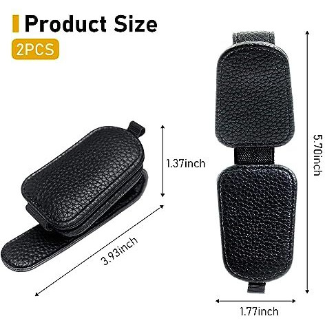 2Pcs Car Sunglasses Holder - Magnetic Clip For Sun Visor, Pu Leather Eyeglass Hanger And Ticket Card Clip